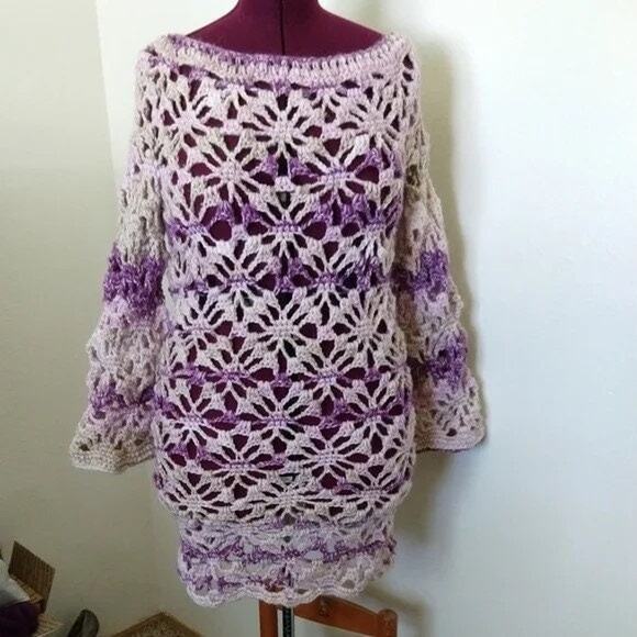 Icy Grape Crochet Dress Swim Cover boho lace purple wool washable plus sized XXL - Picture 15 of 16